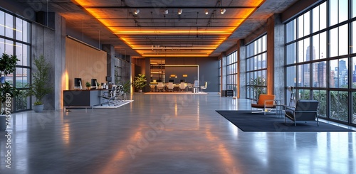 Spacious and well-lit modern office interior with warm lighting  tall windows  and a view of the urban skyline during dusk