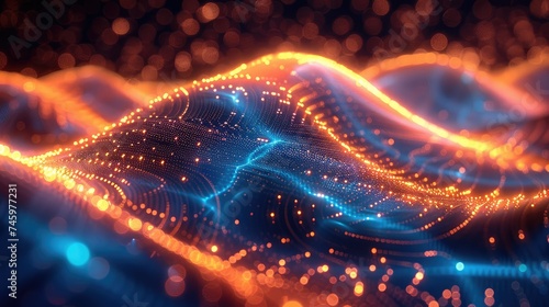 Abstract future, gold and blue neon waves race, high-speed light lines with bokeh, sound wave visualization. Generative AI.