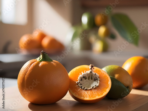 Kitchen Elegance: Naranjilla Fruit in Focus Amidst Soft Afternoon Illumination photo