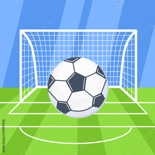 Soccer ball on green field in front of goal post. Vector illustration