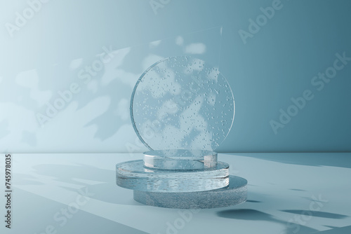 Glass podium with complex reflection and hard shadows on background. 3d stands for demonstration of cosmetic products.