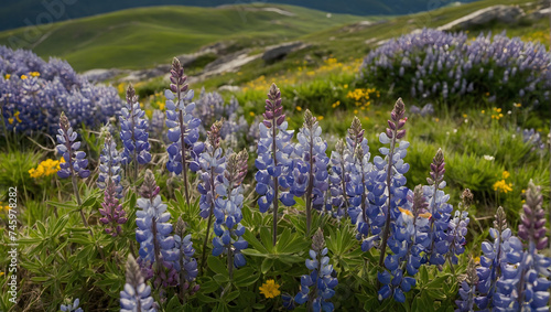 Mountainside covered in lupines and other mountain wildflowers.