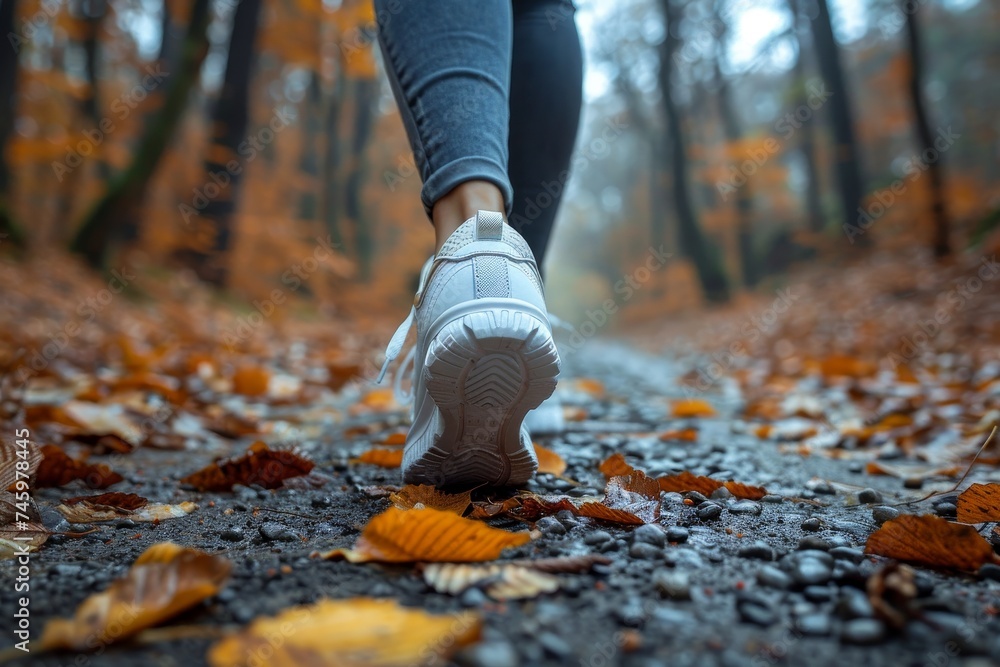 A person walking away on a path covered with fallen leaves, capturing the essence of autumn A person walking away on a path covered with fallen leaves, capturing the essence of autumn