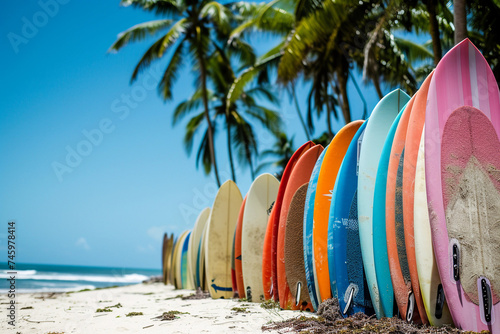 Surfboard and palm tree on beach with beach sign for surfing area. Travel adventure and water sport. relaxation and summer vacation concept. © Jullia