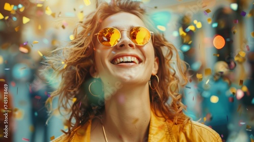 A woman with yellow sunglasses smiling and surrounded by confetti, AI