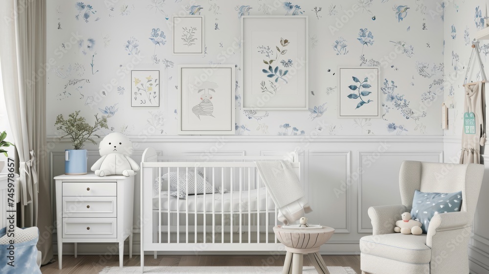 Delicate nursery room with botanical wallpaper, framed illustrations, and cozy furnishings, all in a soothing palette, perfect for a baby's room. - obrazy, fototapety, plakaty 
