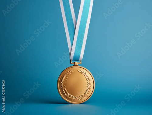 Gold medal on blue ribbon isolated on white blue background, winning theme. 