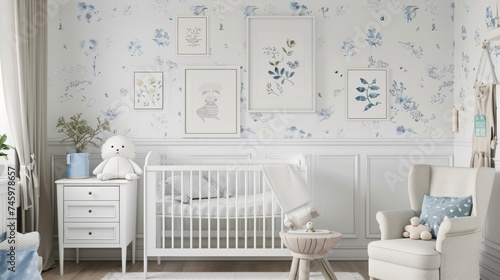 Delicate nursery room with botanical wallpaper, framed illustrations, and cozy furnishings, all in a soothing palette, perfect for a baby's room. photo