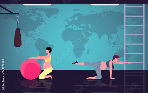 Pregnant woman doing sport exercises with fit ball in gym, vector pregnancy fitness yoga training, sport equipment