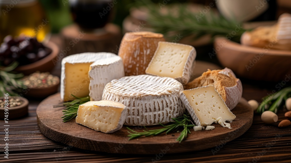 Camembert brie cheese with herbs on a rustic wooden background.