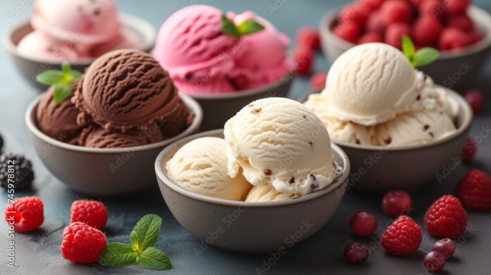 Various ice cream scoops in bowls over black stone background. Top view with copy space Various ice cream scoops in bowls over black stone background. Top view with copy space