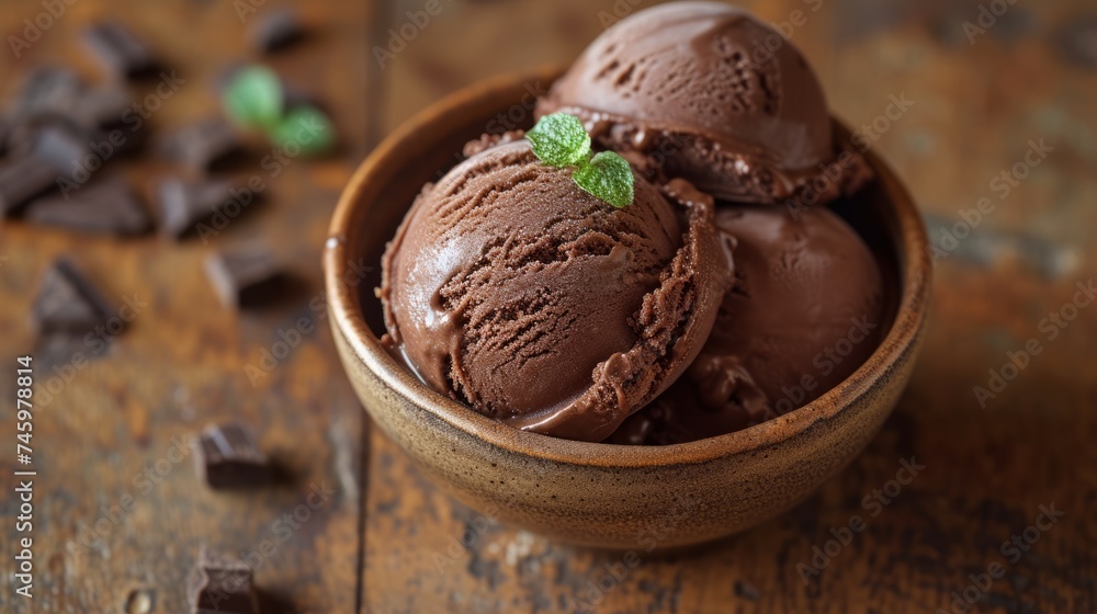 Chocolate ice cream with chocolate chips and mint in bowl on old wooden table Chocolate ice cream with chocolate chips and mint in bowl on old wooden table