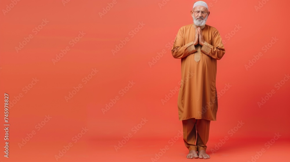Muslim old man, studio portrait and islamic culture standing isolated on studio background with arabic clothes.