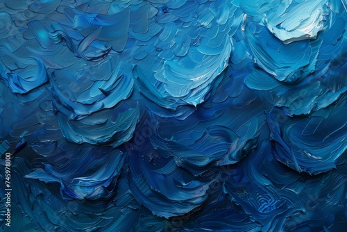 Textured blue paint strokes on a canvas create a vibrant, abstract impression of ocean waves.