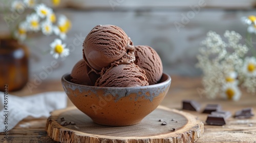 Chocolate ice cream with chocolate chips and mint in bowl on old wooden table