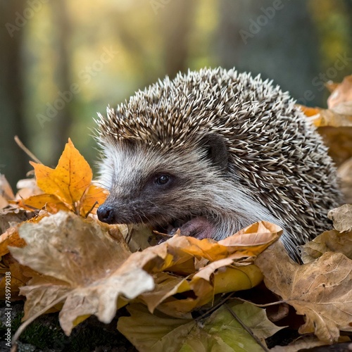 Hedgehog preparing for Hibernation in Autumn - Hedgehog awakening from Hibernation in leaves