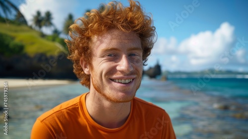 red-haired man in orange clothes resting on tropic beach