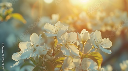 A close up of a bunch of white flowers with sun shining through them, AI