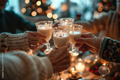 Generations Unite in Holiday Cheer: Elderly Friends Toasting with Eggnog, Celebrating Christmas