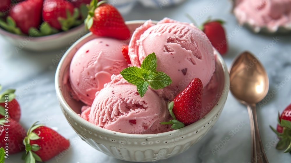 Close up of of vanilla ice cream with fresh fruits in a glass bowl Close up of of vanilla ice cream with fresh fruits in a glass bowl