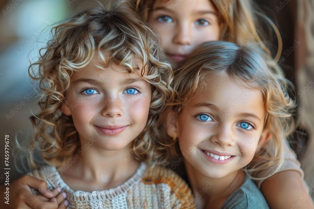 Three young siblings with curly hair smiling together, showcasing their strong family bond and affection Three young siblings with curly hair smiling together, showcasing their strong family bond and affection