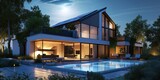 Modern Night House with Solar Panels and Swimming Pool: A Sustainable Energy and Luxury Living Concept