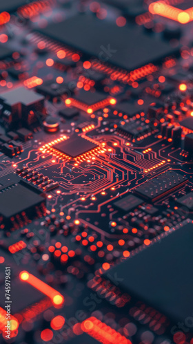 A close up of a circuit board with glowing lights on it, AI