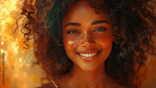 A close-up portrait of a young woman with curly hair, freckles, and a beaming smile