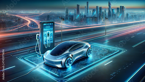 Futuristic electric car charging at a high-tech station on a smart highway with neon lights, overlooking a city skyline with illuminated skyscrapers at dusk.AI generated.