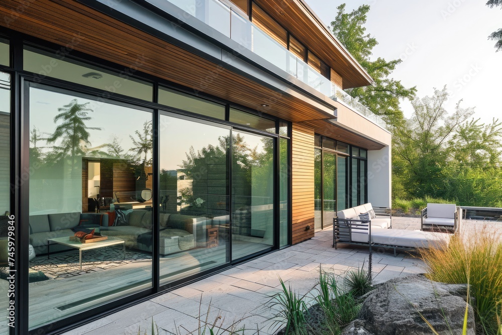 Contemporary Luxury Home: Glass Sliding Doors, Stylish Exterior, and Outdoor Living Space
