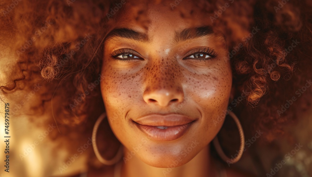 A close-up of an attractive young woman with freckles and curly hair looking directly at the camera A close-up of an attractive young woman with freckles and curly hair looking directly at the camera