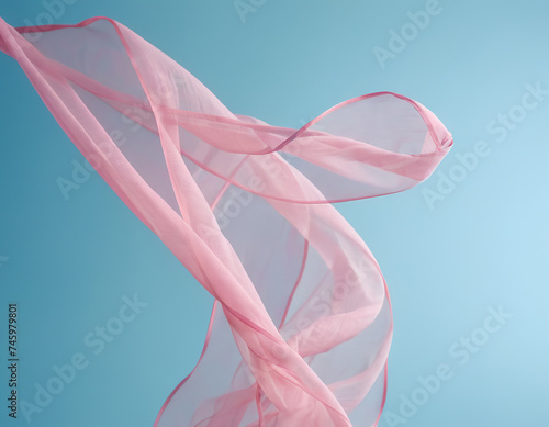 Flying pink fabric wave on blue sky background and illuminated by sunlight  generative ai