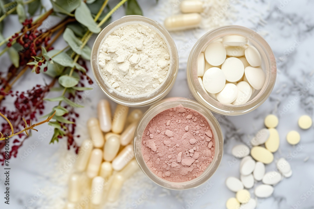 Various dietary supplements for health and beauty, like collagen, vitamins, biotin, and protein, in pill and powder forms Various dietary supplements for health and beauty, like collagen, vitamins, biotin, and protein, in pill and powder forms