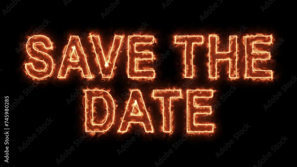 Burning Save the date, Date, See you soon. Burning fire words. Burning Logotype on purple blue background. High quality 4k footage.