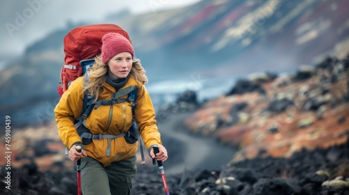 Woman hiking in black Volcano surface photo
