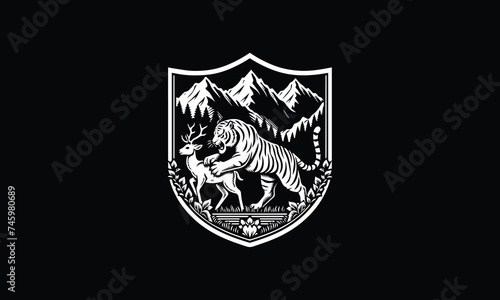 shield tiger  deer hunting logo design  deer  tiger  mountain design 