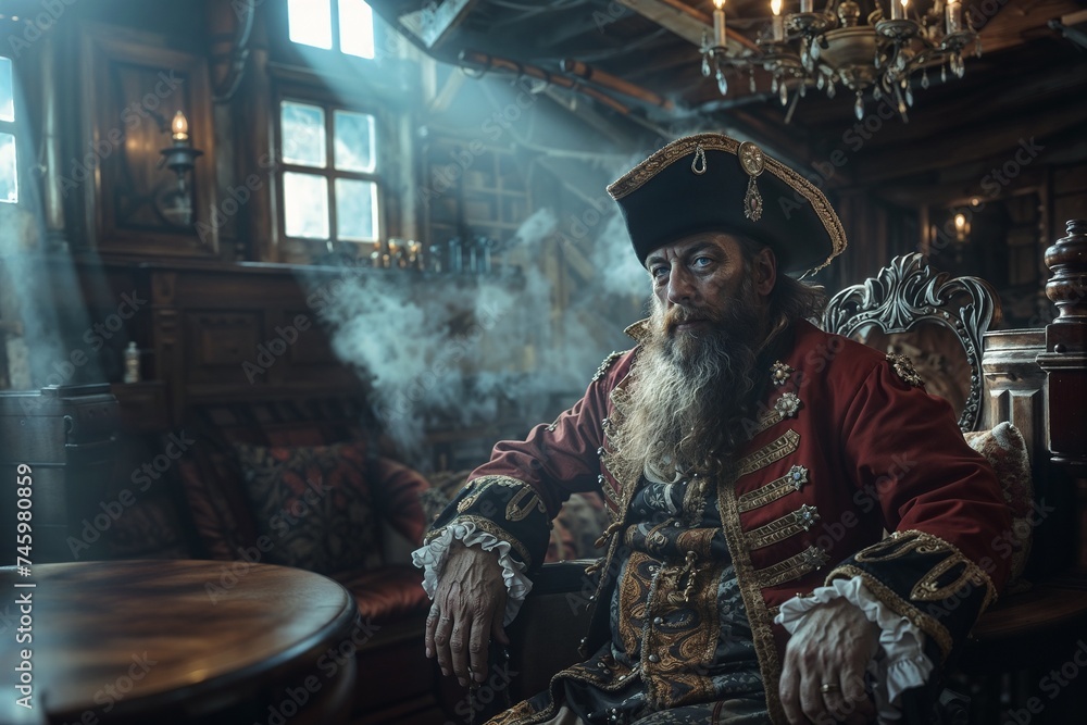 Pirate Captain sitting in a smoky Captain's quarters of his galleon - obrazy, fototapety, plakaty 