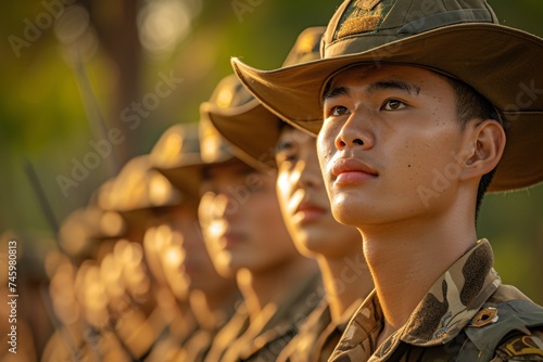 A young soldier with focused expression stands in a row during a ceremonial event, displaying discipline and pride