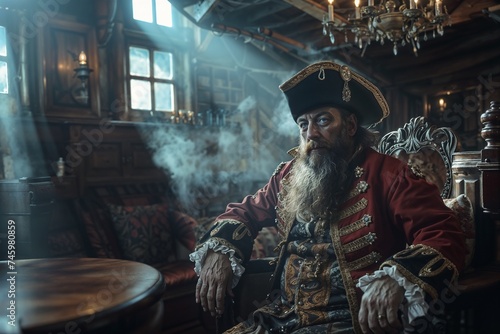 Pirate Captain sitting in a smoky Captain's quarters of his galleon photo