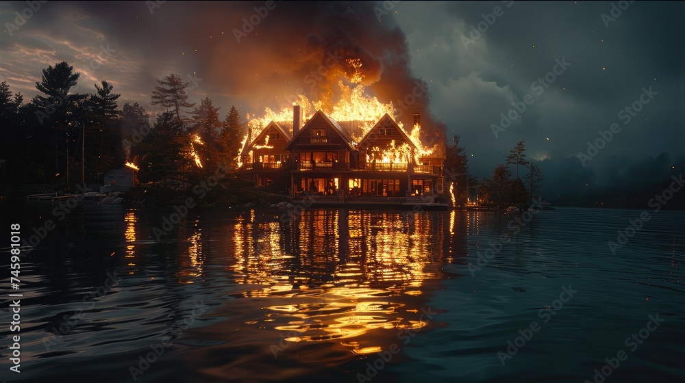 3-story cottage on fire on a lake. Generative AI.