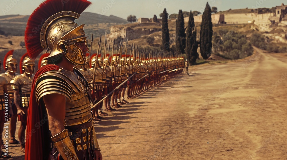Fototapeta premium Roman army stand ready for battle