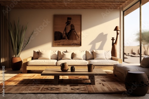 african style minimal luxury interior living room with sofa or couch, coffee table and art on the wall
