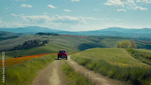 A family drives a crossover SUV along a spring road in Tuscany, the road passes through low hills, a patchwork of flowering fields