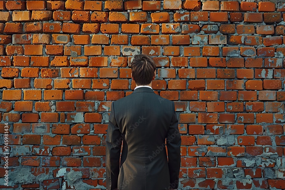 Unyielding Ambition A Businessman Confronts a Symbolic Brick Wall, Illustrating Economic Challenges, Sanctions, and Potential Business Deadlocks with Determination Unyielding Ambition A Businessman Confronts a Symbolic Brick Wall, Illustrating Economic Challenges, Sanctions, and Potential Business Deadlocks with Determination