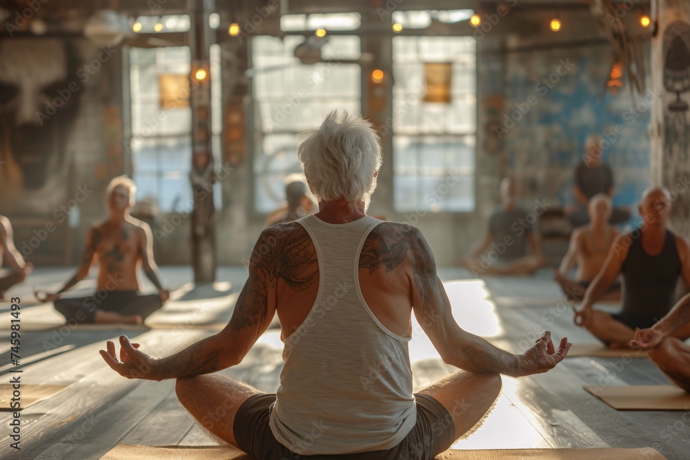 An older tattooed man in a yoga pose meditating in a group class, signifying mindfulness and health - obrazy, fototapety, plakaty 