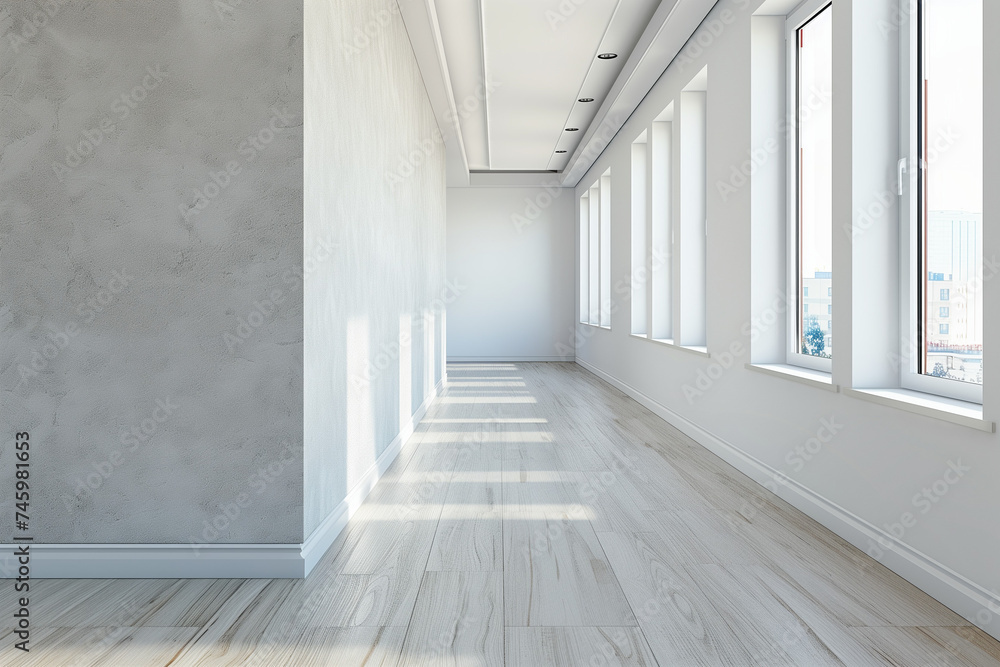 Obraz premium Stylish office interior with workspace and window. Mock up empty wall