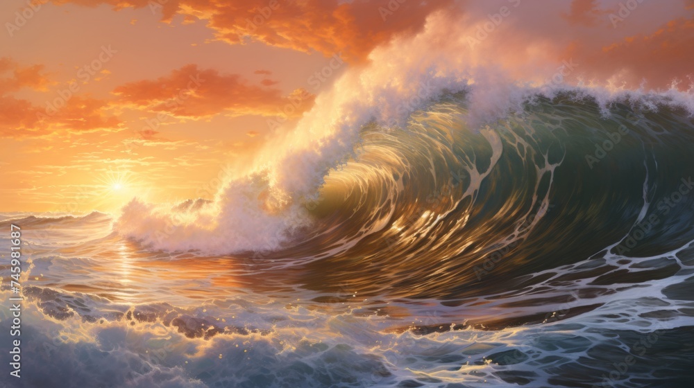 big waves at sea breaking at sunset. Surfing spot painting like illustration. 