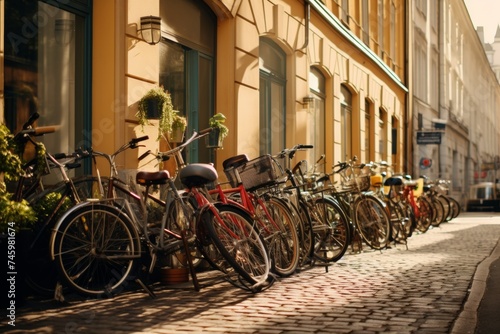 bicycles parked in the street of European town. Eco transport. Problem of stealing bikes in europe.