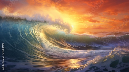 big waves at sea breaking at sunset. Surfing spot painting like illustration. 