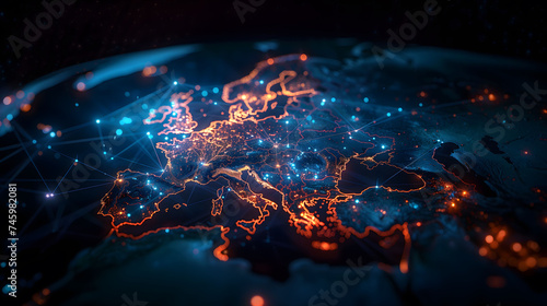 Abstract Europe map from space, united network europe, global network and connectivity, comunication of the countrys, international data transfer and cyber technology, worldwide, generated ai